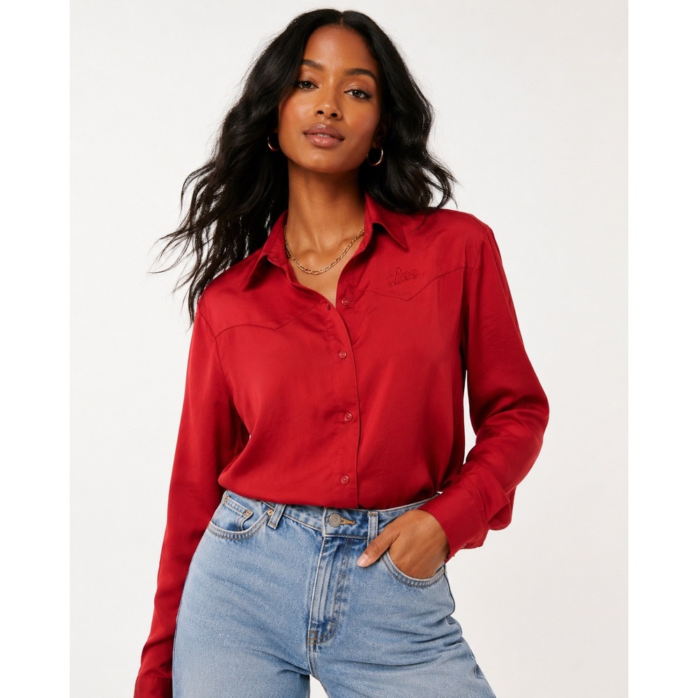 Lee Red Satin Western cowgirl Button Up Blouse Embroidered Long Sleeve Size S